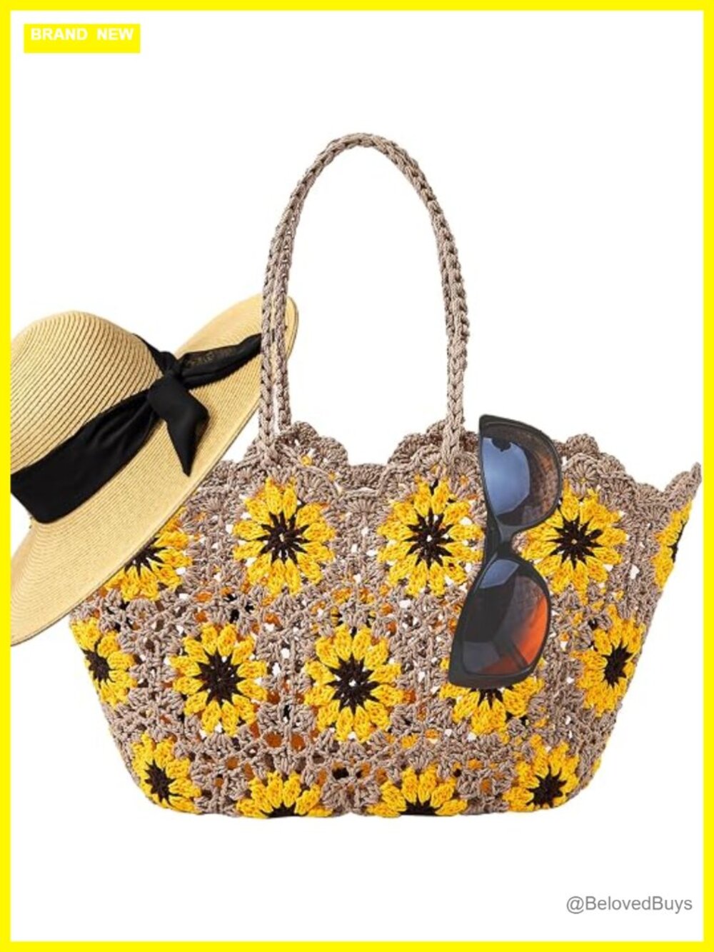 Woven Straw Tote Bag Floral Pattern Large Beach Handbag